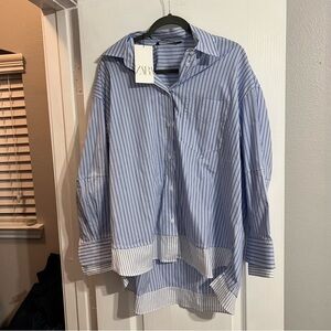 Zara womensCasual Blue and White Striped Shirt